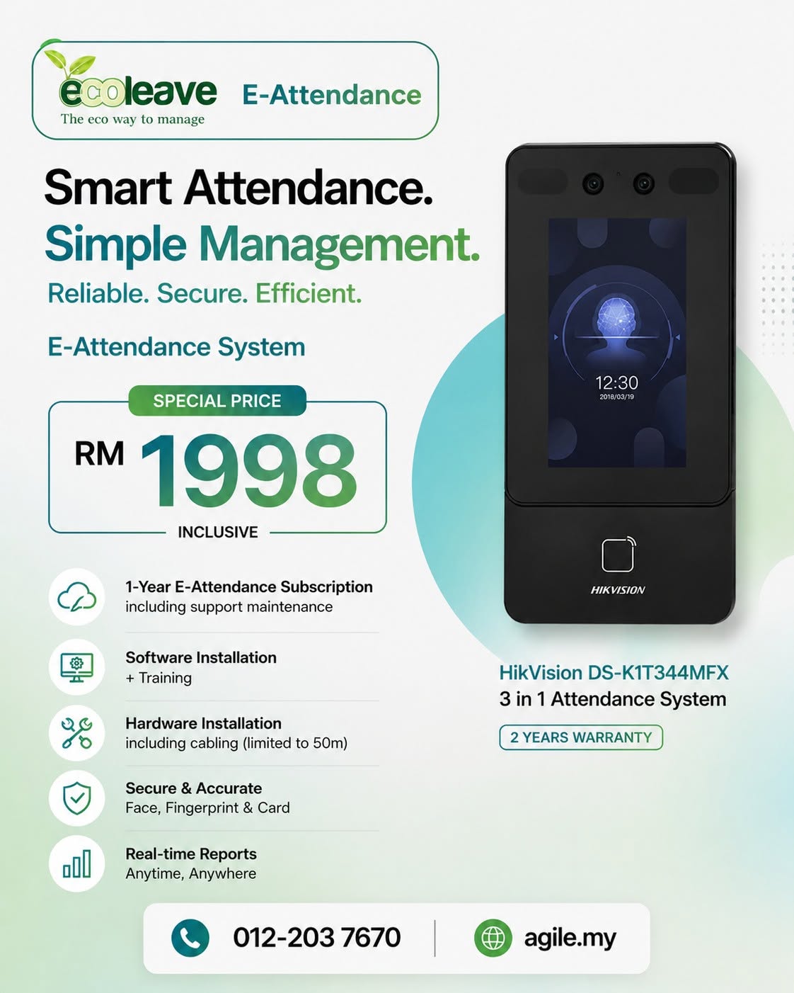 Ecoleave e-Attendance RM 1998 promotion with Hikvision DS-K1T344MFX attendance system